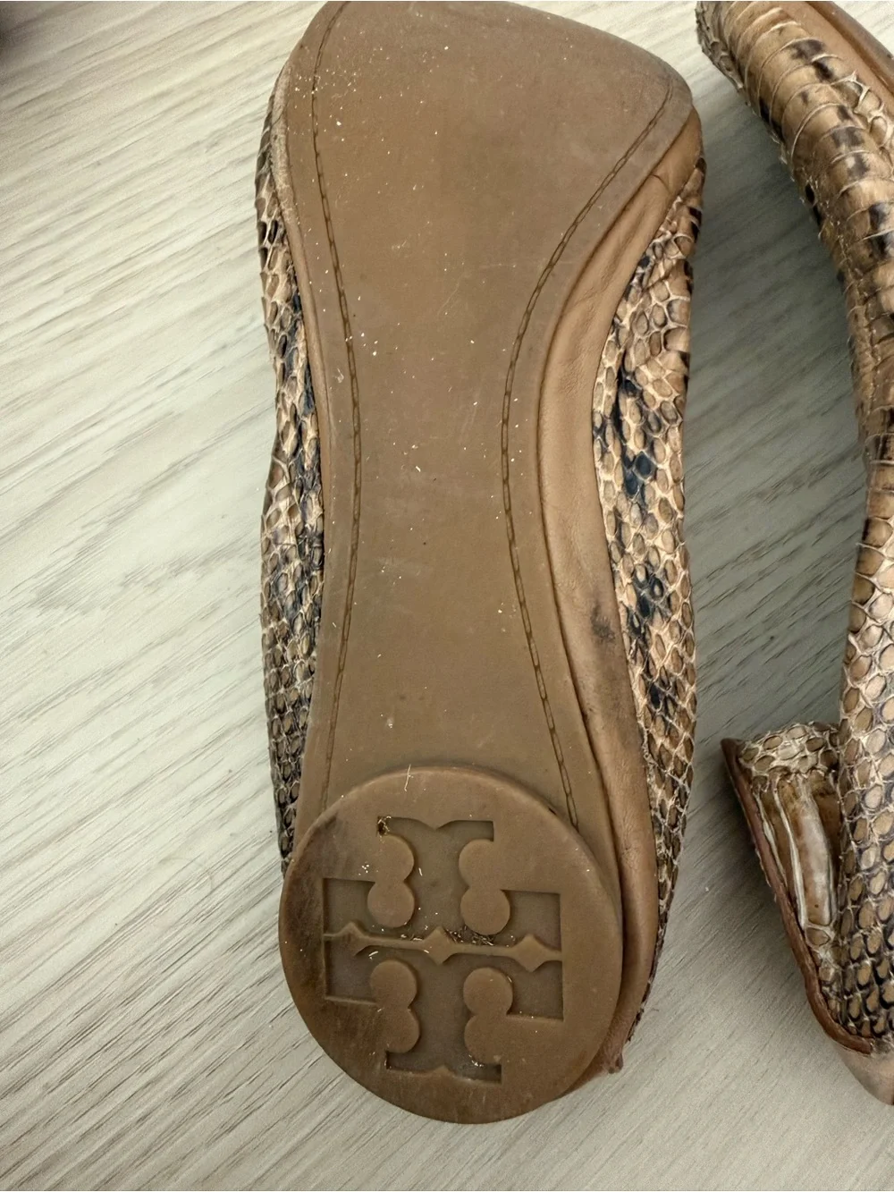 Tory Burch Tan Snakeskin-Print Ballet Flats